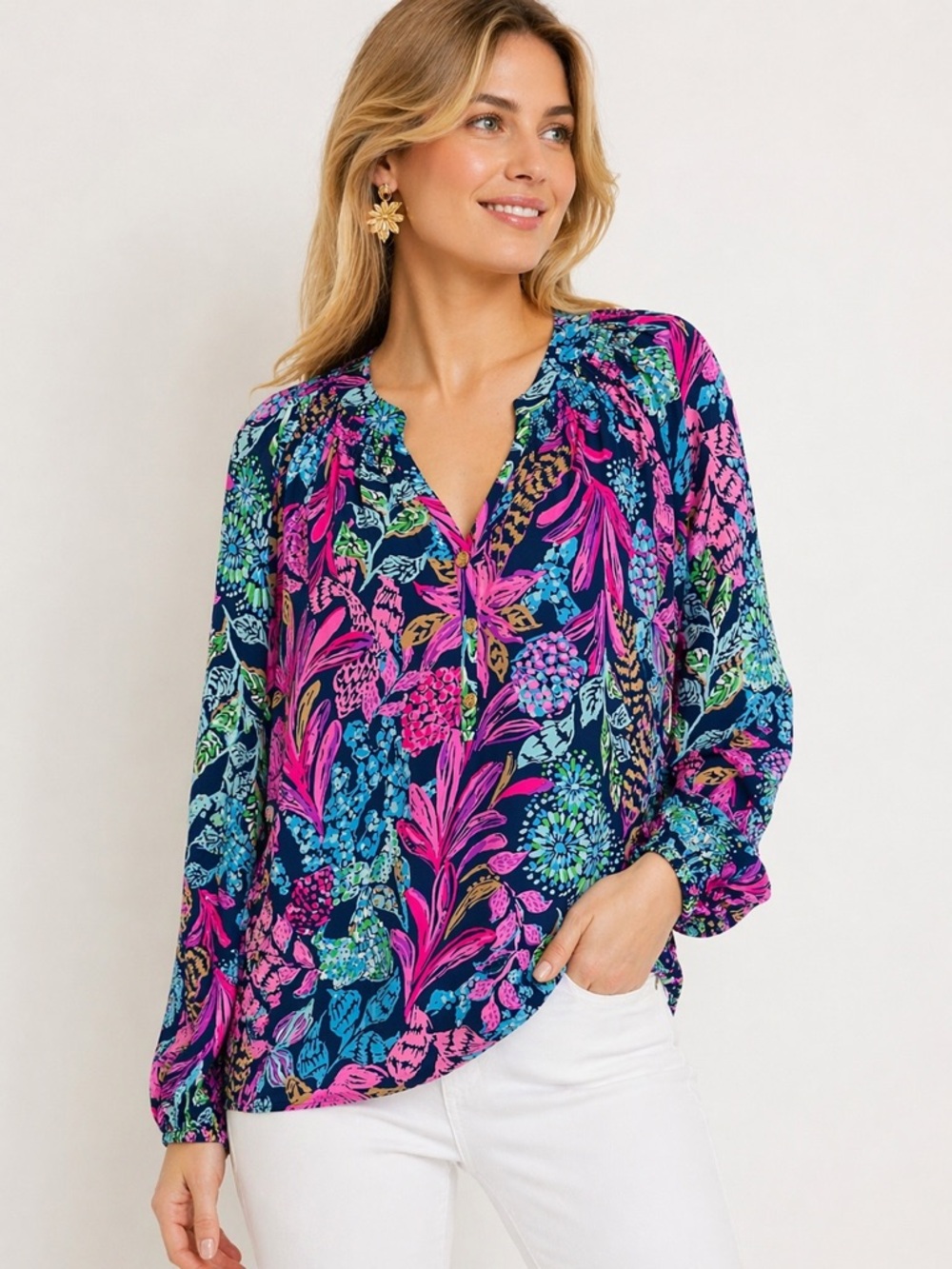 Lilly Pulitzer Silk Floral Blouse XL Navy Pink Blue Boho Tunic Top